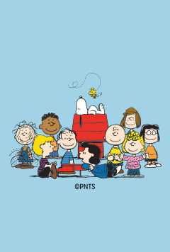A group of Peanuts characters, including Charlie Brown, Lucy, Linus, Sally, Peppermint Patty, Marcie, and others, sitting together in front of Snoopy’s red doghouse, with Snoopy lounging on top and Woodstock flying nearby. The background is light blue.